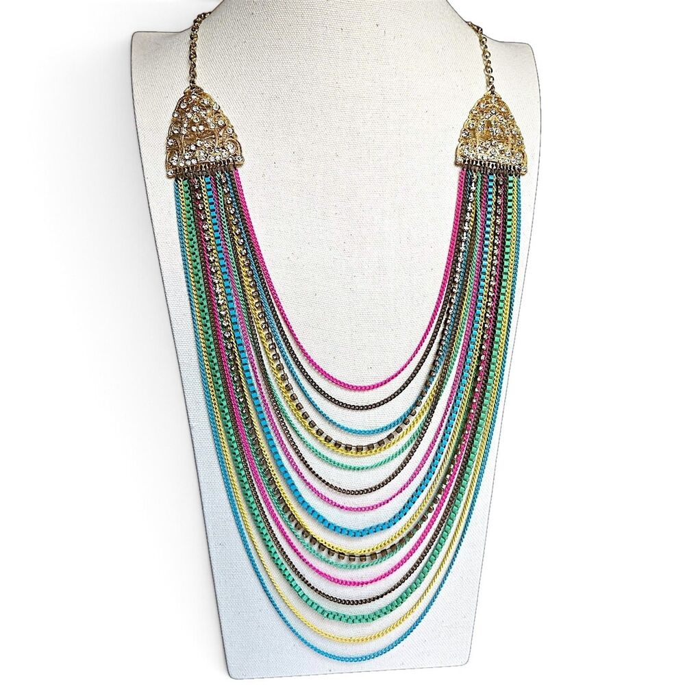 Mariann Moon Multicolor Enamel Chain Layered Necklace Rhinestone Gold Tone 29"